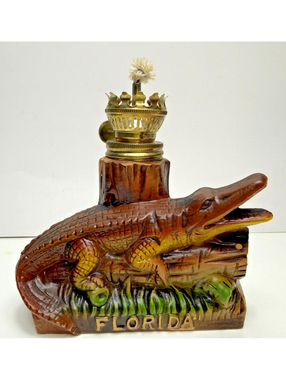 Vtg Florida Souvenir Alligator Swamp Water Ceramic Oil Lamp Kitsch MCM NO SHADE